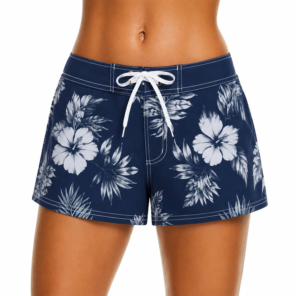 Pantalón corto de baño para mujer talla L azul marino con estampado floral y cordón ajustable