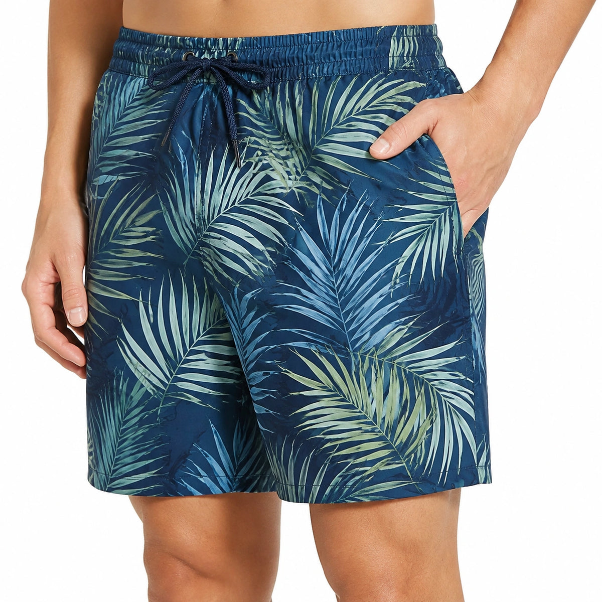 Bañador de hombre talla L - azul marino con estampado de hojas - tejido ligero con bolsillos y cordón ajustable