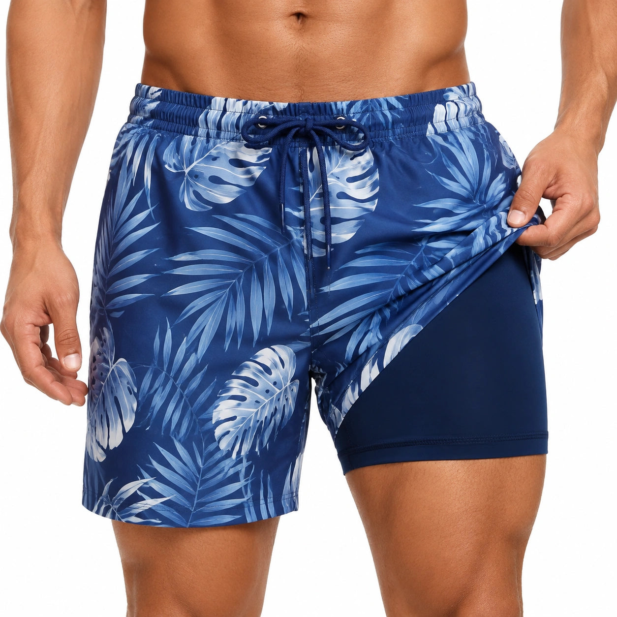 Bañador short para hombre talla L azul con estampado tropical y forro interior