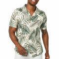 Camisa de hombre talla L de tejido verde y blanco con estampado tropical de manga corta estilo campamento
