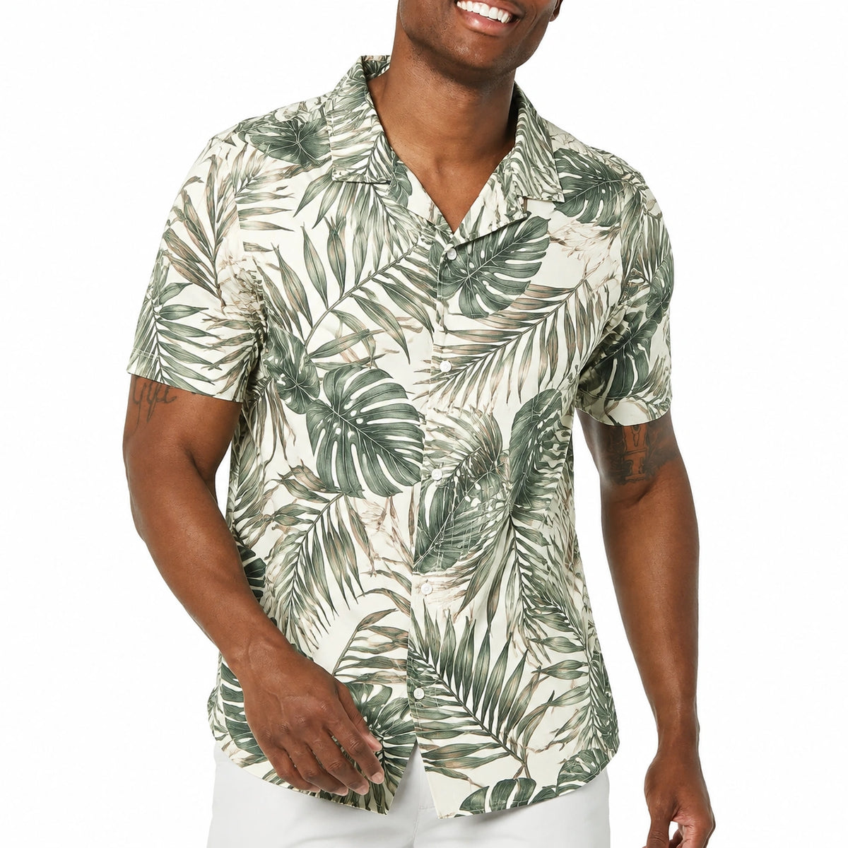 Camisa de hombre talla L de tejido verde y blanco con estampado tropical de manga corta estilo campamento