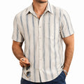 Camisa de hombre talla M beige y gris de rayas verticales de manga corta estilo casual