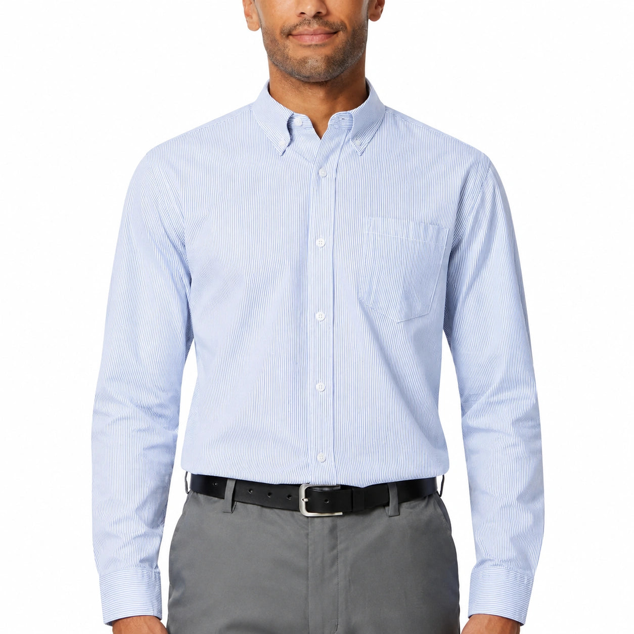 Camisa de hombre talla M de algodón azul claro a rayas de manga larga estilo formal