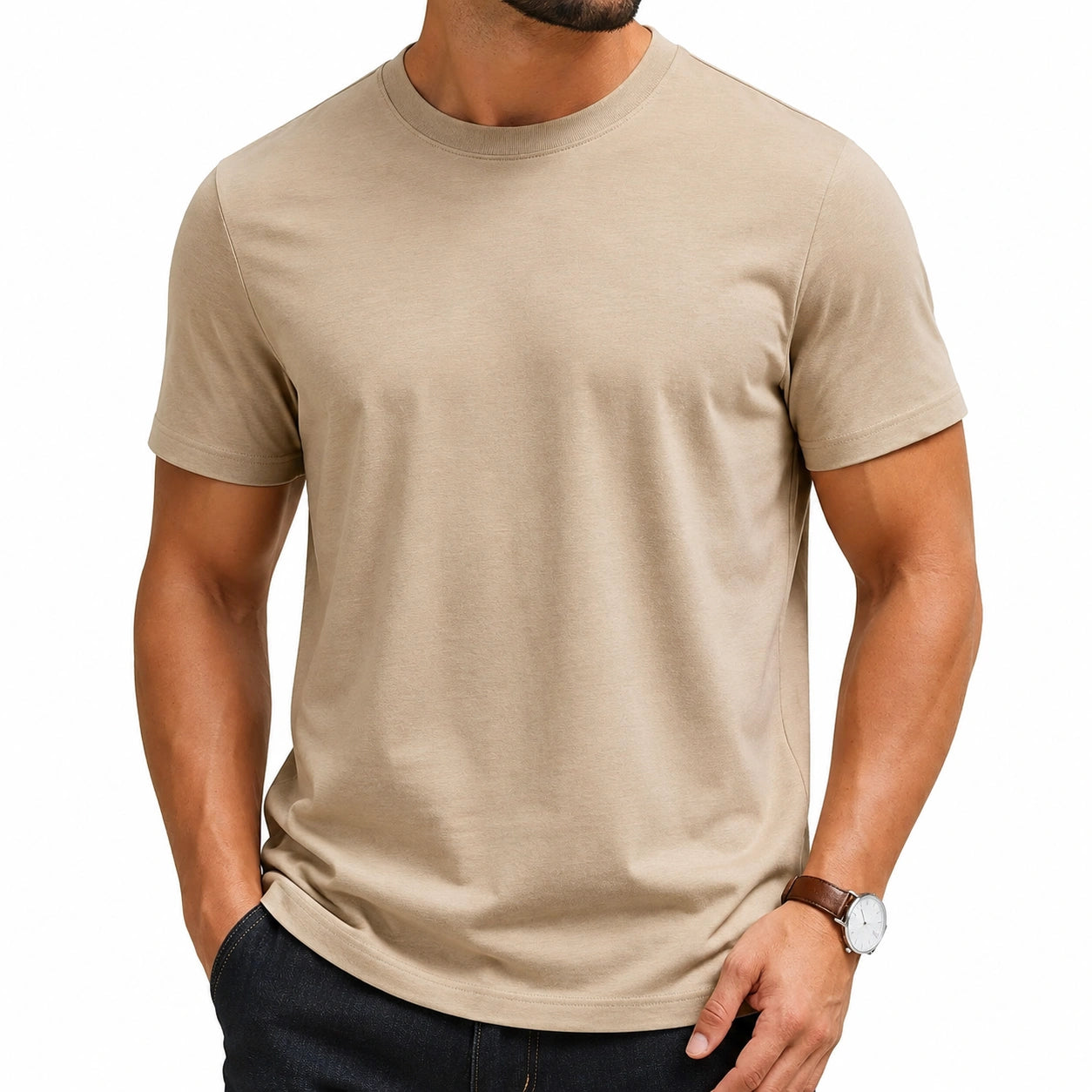 Camiseta de hombre talla L de algodón beige de manga corta estilo básico