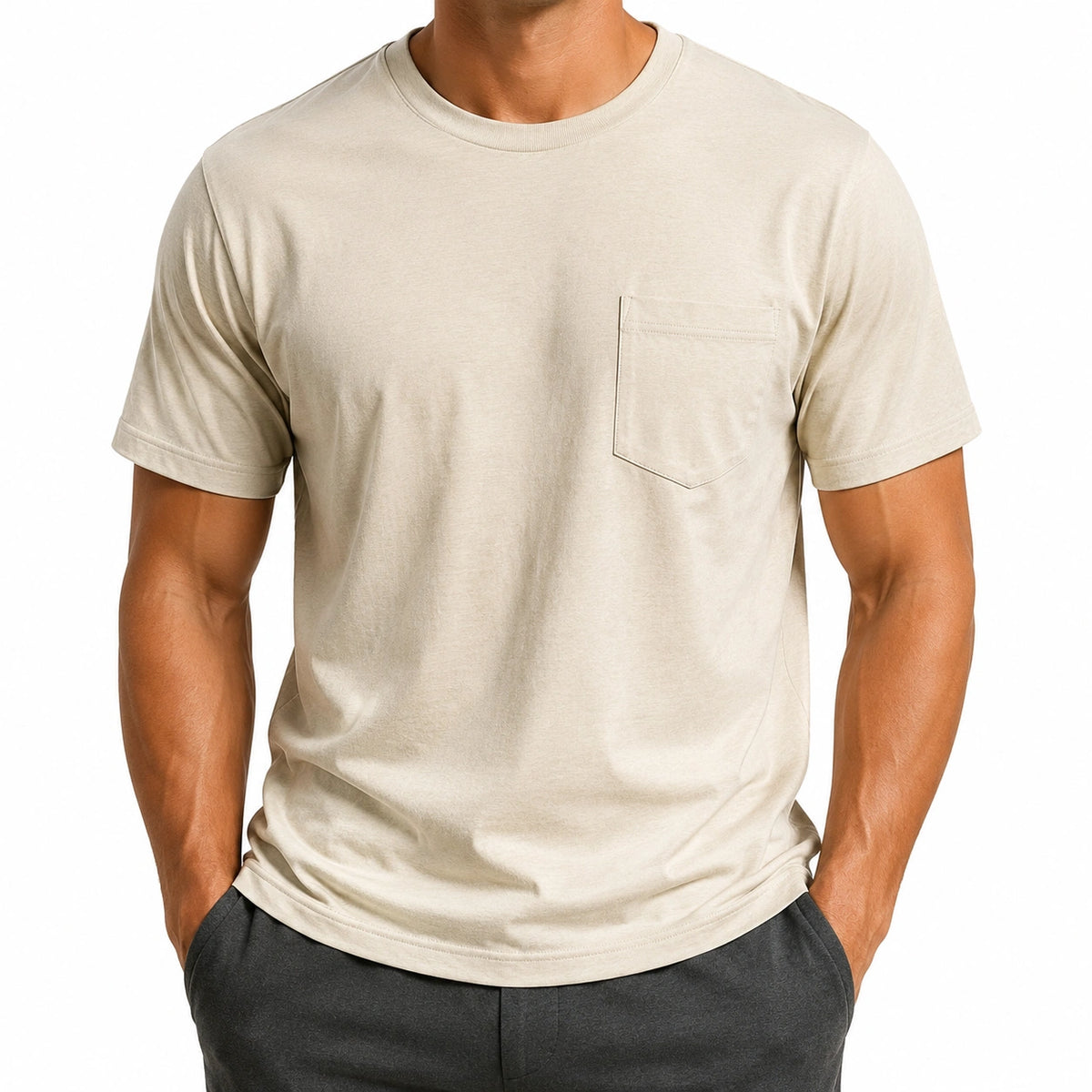 Camiseta de hombre talla M de tejido beige con bolsillo estilo casual