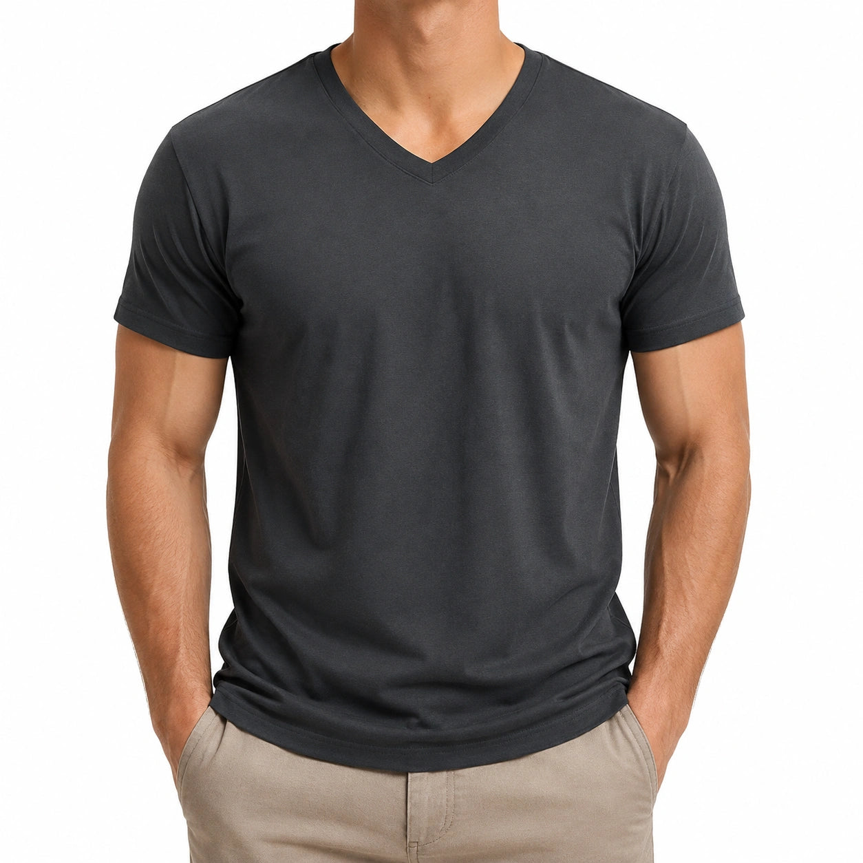 Camiseta de hombre talla M de punto gris oscuro - cuello en V de manga corta