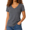 Camiseta de mujer talla S de tejido gris con cuello en V de manga corta estilo casual