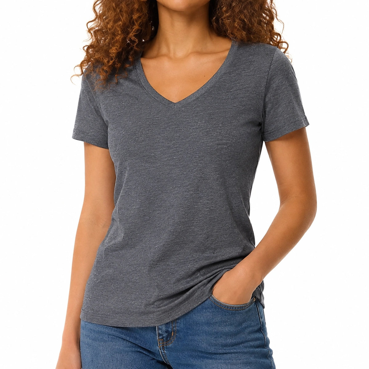 Camiseta de mujer talla S de tejido gris con cuello en V de manga corta estilo casual