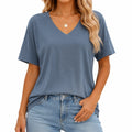 Camiseta de mujer talla M de tejido azul con cuello en V y manga corta para uso diario