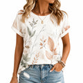 Camiseta de mujer talla M blanca con estampado botánico de manga corta y corte holgado