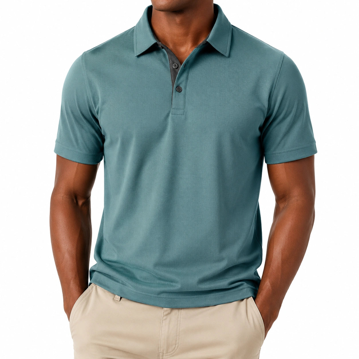 Polo de hombre talla L verde azulado de punto texturizado de manga corta estilo casual