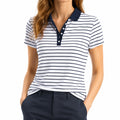 Polo de mujer talla S blanco y azul marino de tejido a rayas de manga corta
